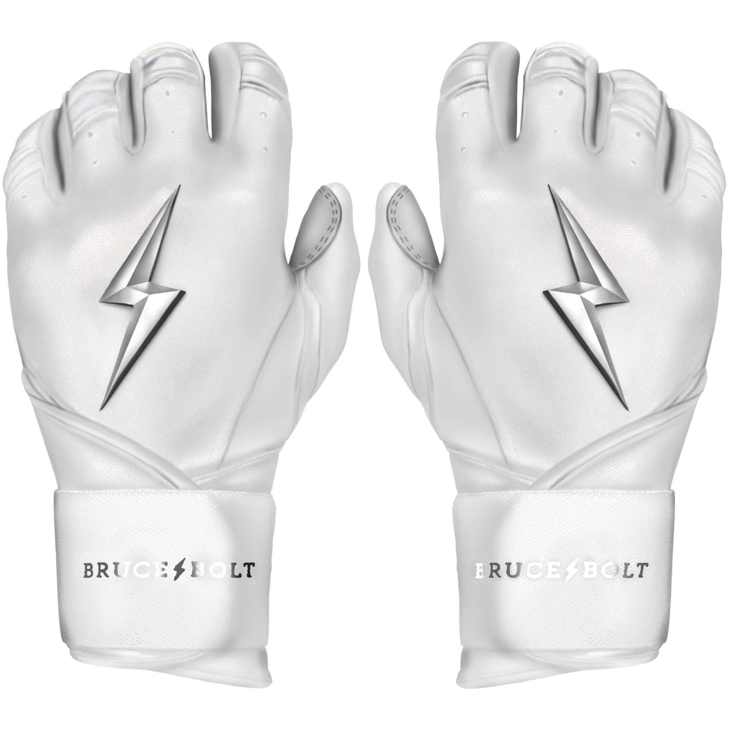 Bruce Bolt PREMIUM PRO Chrome Series Long Cuff Batting Gloves: White 3 Bruce Bolt PREMIUM PRO Chrome Series Long Cuff Batting Gloves: White
